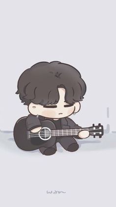 a cartoon character holding a guitar sitting on the ground