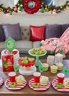 a holiday movie night party with food and decorations