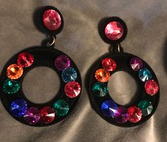 On a circle of black are rhinestones of red, green, blue, yellow and orange. This ring is attached to a single large pink rhinestone at the post. Dangling and swinging free for a glitzy look. Great for a fun evening out or dress up a formal gown! Great gift idea or treat yourself! Stocking stuffers too! Vintage Rhinestone Earrings, Owl Wall Art, Fairy Lamp, Crystal Candle Holder, Vintage Fairies, Pottery Pieces, Formal Gown, Vintage Miniatures, Barbie And Ken