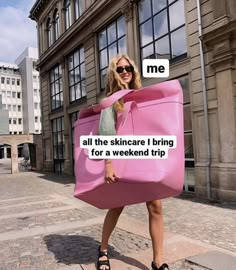 a woman holding a pink shopping bag with the words me all the skincare i bring for a weekend trip