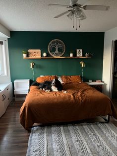 Dark Green Bedroom with Rust Bedcovers. Benjamin Moore Ocean Tropic and Icicle on side walls. Shelf above bed from Rona - Acadia Wood. Wall lights from Amazon - Vatoni Green Room Ideas Bedroom, Green Bedroom Decor, Bedroom Orange, Bedroom Wall Colors, Accent Wall Bedroom, Green Bedroom