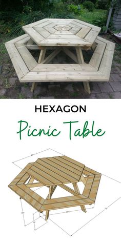 a picnic table made out of pallet wood with the text hexagon picnic table