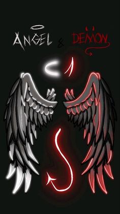 two black and white angel wings with red neon lights on them, against a black background