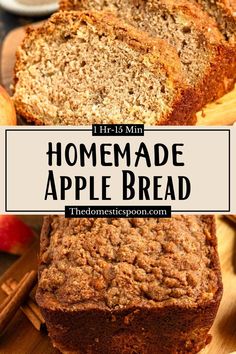 homemade apple bread on a cutting board with apples in the background and text overlay