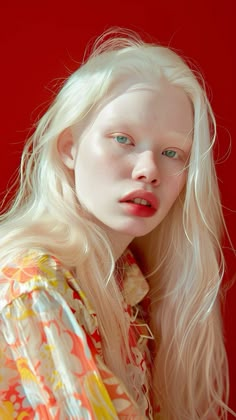 a woman with long blonde hair and blue eyes posing for a photo in front of a red background