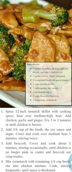 broccoli and chicken on a plate with instructions