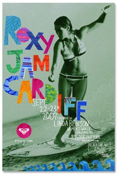 an advertisement for roxy jam care surf with a woman on a surfboard in the water