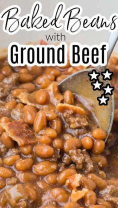 baked beans with ground beef in a white bowl and text overlay that reads baked beans with ground beef