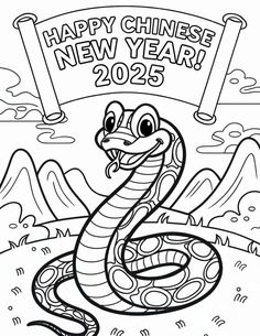 a chinese new year coloring book with a snake on it's head and the words happy