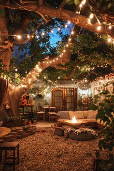 an outdoor living area with lights strung from the tree and furniture on the ground in front of it