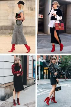 How To Style Red Boots, Red Booties Outfit, Booties With Skirt, Red Heels Outfit, Outfit Botas, Red Ankle Boots, Boots Outfit Ankle