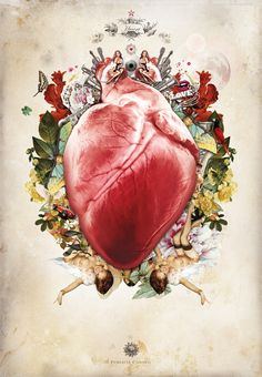 a drawing of a human heart surrounded by flowers