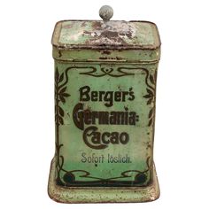 an old tin canister with the words berger's german cocoa on it