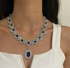 Diamond Necklace Blue, Sapphire Blue Necklace, Diamond Stone Necklace, Sapphire Wedding Necklace, Sapphire Stone Necklace, Royal Necklace Jewelry, Blue Diamond Necklace Set, Royal Blue Jewelry Sets, Sapphire And Diamond Necklace