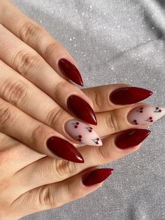 Red Almond Acrylic Nails Designs, Nail Cherry Red, Fall Cherry Nails, Cherry Nail Inspiration, Nail Designs Cherries, Deep Cherry Nails, Nail Art Cherries, Black Nails With Cherries, Cherry Print Nails