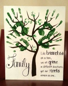 a family tree with handprints on it and the words'like branches, we all grow in different directions get our roots remain as one