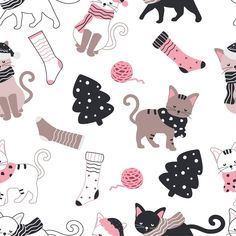 seamless pattern with cats, socks and balls of yarn on white background for children's clothing