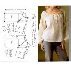 a woman's blouse and pants are shown with the sewing pattern for it,