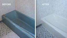 before and after pictures of a bathroom remodel with tub, tile flooring and walls