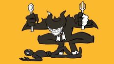 an image of a cartoon character with many arms and legs in the air, holding two forks