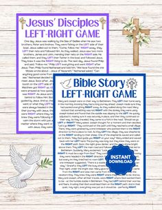 the bible story left - right game with an image of a dove and cross on it