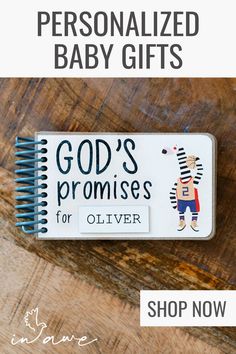 a baby's book with the title, personalized baby gifts god's promises for