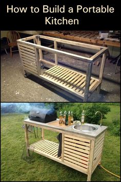 two photos with the words how to build a portable kitchen on top of it and below