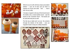 an assortment of orange items displayed on a white table with black and red text that says, what do you do with all those empty prescription bottles?