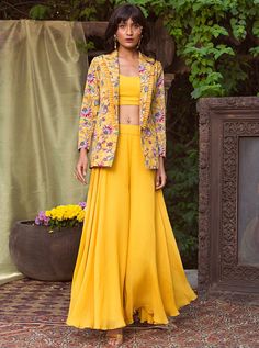 Chhavvi Aggarwal-Yellow Blazer With Crop Top & Palazzo-INDIASPOPUP.COM Plazo Outfits, Crop Top Outfits Indian, Crop Top Palazzo, Western Dresses For Women, Organza Suits, Blazer Outfits For Women, Yellow Blazer