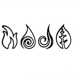 four different types of fire and water symbols in black ink on a white paper background