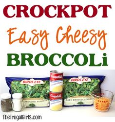 crockpot easy cheesy broccoli recipe with ingredients on the side