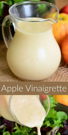 an apple vinaigrete dressing is being poured into a bowl with lettuce and apples in the background