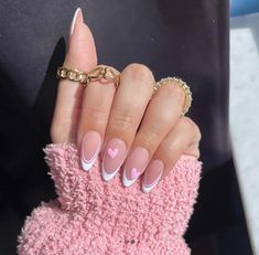 White And Pink Valentine Nails, Valentine’s Day French Nails, Short Almond Nails Valentines Day, French Tip Valentines Day Nails, Blush Pink Nails, Valentine Nails, Heart Nails, Classy Nails