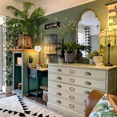 a living room filled with lots of furniture and plants on top of it's dresser