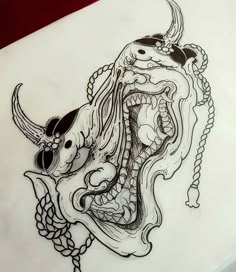 an ink drawing of a demon with long hair and horns on it's head