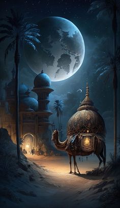 a man riding a camel in front of a night scene with a full moon and palm trees