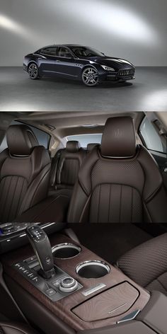 the interior of a car with brown leather seats and center console area, along with an image of a black sports car