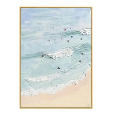 a painting of people swimming in the ocean on a beach with waves and blue sky