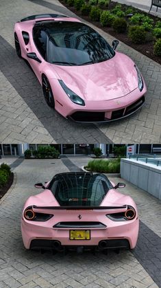 the pink sports car is parked on the side of the road