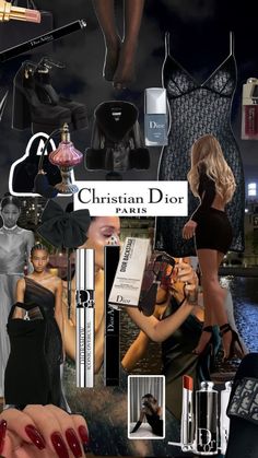 the collage shows different types of women's clothing and accessories, including lipstick