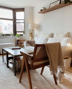 a living room filled with furniture and a cat on the floor next to a coffee table