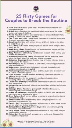 Shake up your daily routine with our 25 Flirty Games Ideas for Couples. These playful, engaging games are designed to inject fun, intimacy, and a bit of spice into your relationship, fostering a deeper connection and creating lasting memories. Whether you're at home or on a romantic getaway, these games are perfect for any couple looking to enhance their bond. Visit our website for more exciting relationship-building activities. #CouplesGames Deep Connection, Relationship Tips, Couples Therapy, Relationship Advice, Conflict Resolution, Personal Growth, Self Improvement, Relationship Tools Healthy Relationships, Deep Conversation Starters, Emotional Intimacy, Relationship Growth, Relationship Goals, Deeper Conversation Starters Deeper Conversation For Couples, Couple Bonding Activities At Home, Things To Do To Spice Up A Relationship, Couple Games Ideas Intimate, Activities For Couples Bonding, Cute Couple Games, Couples Bonding Activities, Romantic Activities For Couples, Couple Therapy Activities