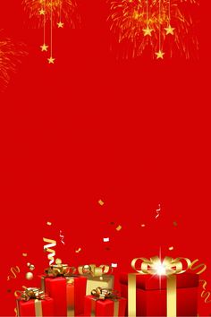 red background with presents and fireworks