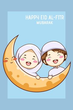 two children are sitting on the moon with happy eid - fitr mubarak