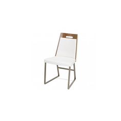 a white chair sitting on top of a white floor next to a wooden frame and metal legs