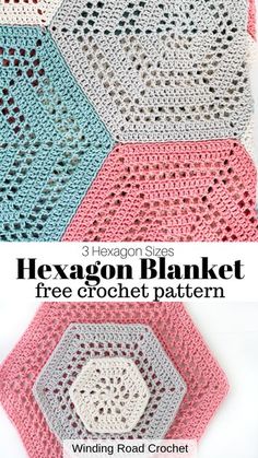 the hexagon blanket free crochet pattern is shown in three different colors