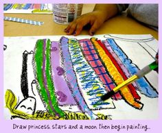 a child's drawing with colored crayons on paper