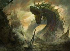 a painting of a dragon attacking ships in the ocean