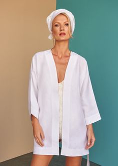 This open wrap linen Kaftan will take you from beach cover up to sun-downers by the resort pool bar.  Shop now at facilblanco.com #MastersOfLinen Elegant Summer Relaxation Kimono, Linen Cover-up For Spring Vacation, White Summer Kimono For Relaxation, Summer White Kimono For Relaxation, Elegant Wrap Cover-up For Vacation, Elegant Linen Kimono For Summer, Elegant Linen Summer Kimono, Linen Wrap Kimono For Vacation, Vacation Linen Wrap Kimono