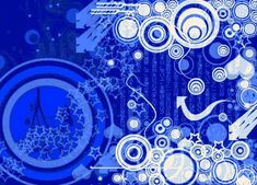 an abstract blue and white background with circles, stars, and arrows in the center